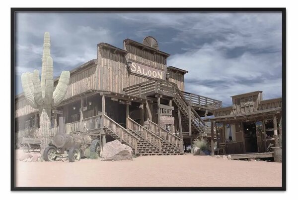 Poster: Vecchio saloon - edificio in legno nel deserto con cactus e cielo