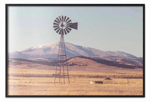 Poster: Prateria infinita - prato con grande mulino a vento e sfondo montano