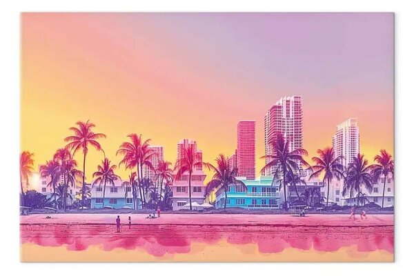 Quadro moderno Spiaggia al neon - edifici colorati e palme al tramonto