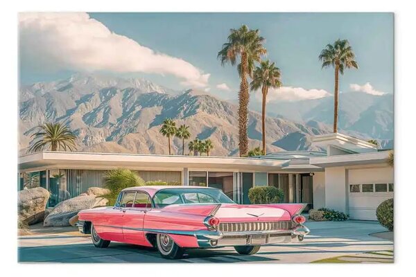 Quadro moderno Cadillac retrò - auto d'epoca sullo sfondo di montagne e palme