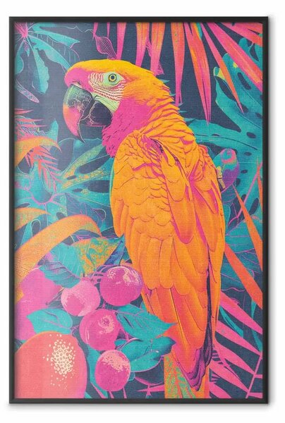 Poster: Uccello esotico - pappagallo al neon su sfondo tropicale