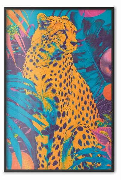 Poster: Design esotico - ghepardo al neon su sfondo tropicale