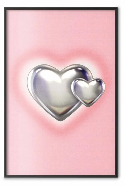 Poster: Amore metallico - cuori d'argento su sfondo rosa con sfocatura
