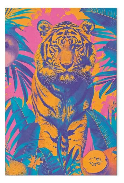 Quadro moderno Tigre tropicale - animale selvatico tra piante e frutti esotici