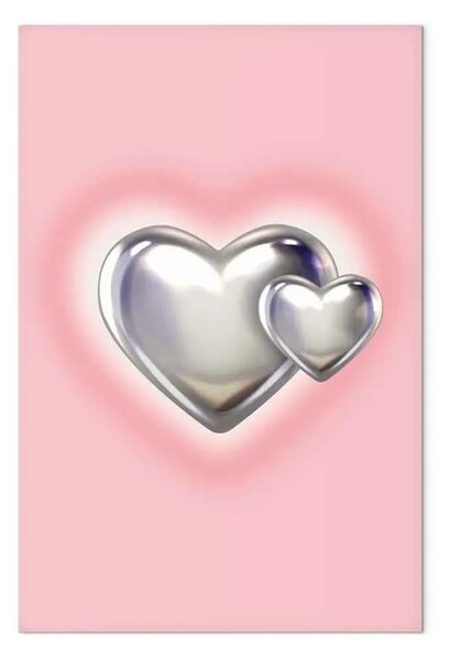 Quadro su tela Cuori metallici - figure d'argento su un sottile sfondo rosa