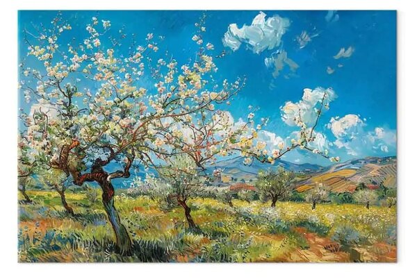 Quadro contemporaneo Frutteto in fiore - un paesaggio primaverile ispirato a Van Gogh