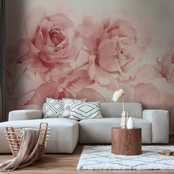 Carta da parati moderna Acquerelli rosa - composizioni romantiche di rose in toni delicati
