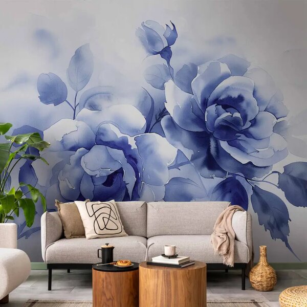 Carta da parati moderna Rose blu - sottili composizioni ad acquerello con foglie