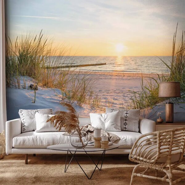 Carta da parati moderna Spiagge dorate - vista pittoresca del mare e dell'erba al tramonto