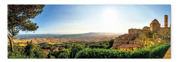 Quadro moderno Toscana all'alba - campi dorati ed edifici storici contro il cielo