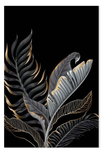 Quadro contemporaneo Foglie eleganti - motivi vegetali in oro e argento su sfondo nero