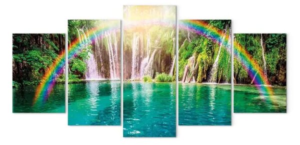 Quadro contemporaneo Arcobaleno sopra la cascata- acqua cristallina circondata da una vegetazione lussureggiante