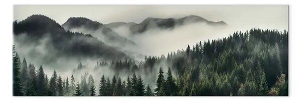 Quadro contemporaneo Taiga misteriosa - Foresta di conifere avvolta nella nebbia mattutina