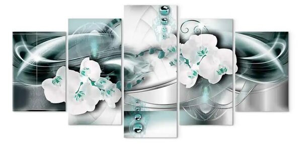 Quadro Orchidea moderna: fiori bianchi su uno sfondo di motivi astratti grigi e blu