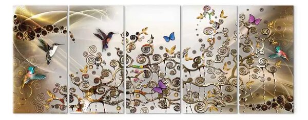 Quadro contemporaneo Danza del colibrì (5 pezzi) Stretto dorato