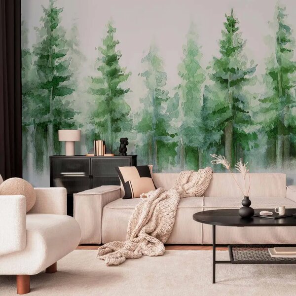 Carta da parati Foresta nebbiosa - acquerello con alberi nella nebbia