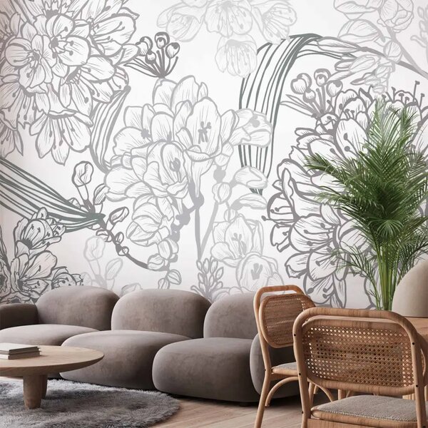 Carta da parati moderna Fiori delicati - motivo floreale artistico con dettagli sottili