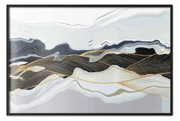 Poster: Flusso astratto - linee dorate su uno sfondo grigio ondulato