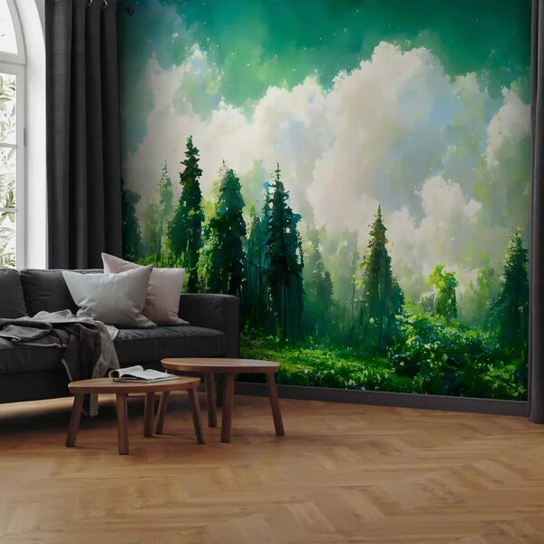 Carta da parati moderna Paesaggio forestale - verde intenso tra alberi e nuvole