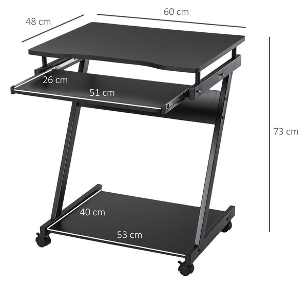 HOMCOM Tavolo Porta PC Classico e Salvaspazio, Piano Tastiera a Scomparsa, Scrivania Porta PC con 4 Ruote e Ripiano Inferiore Nero 60x48x73cm