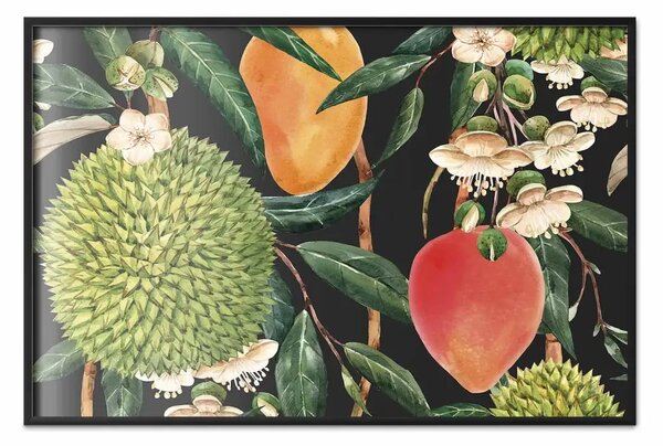Poster: Natura tropicale - mango, durian e fiori su sfondo nero