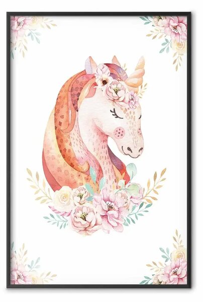 Poster: Unicorno arcobaleno - ritratto artistico con fiori pastello