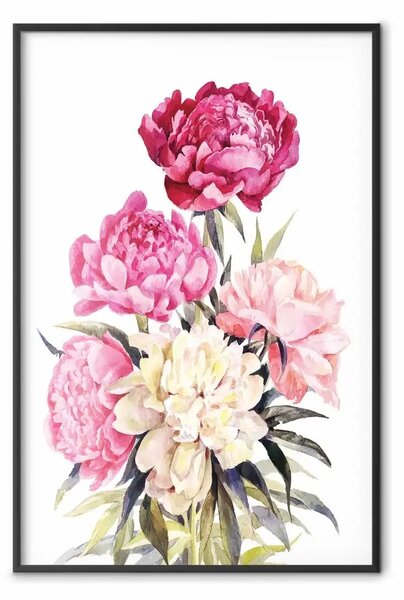Poster: Bouquet di peonie - fiori acquerellati nei toni del rosa e del rosso