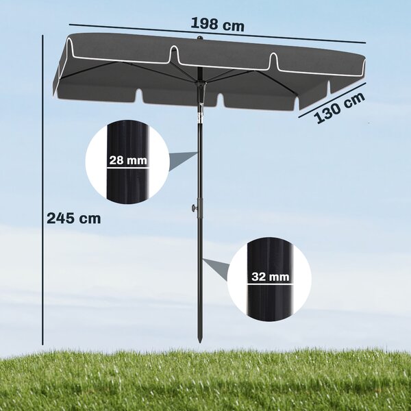 Outsunny Ombrellone da Giardino Rettangolare con Inclinazione Regolabile e Palo in Alluminio, 198x130x240cm, Grigio e Nero|Aosom