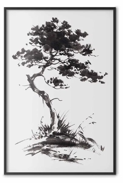 Poster: Albero all'ombra - acquerello di un albero in colori monocromatici