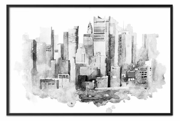 Poster: Città in bianco e nero - grattacieli acquerellati in stile moderno