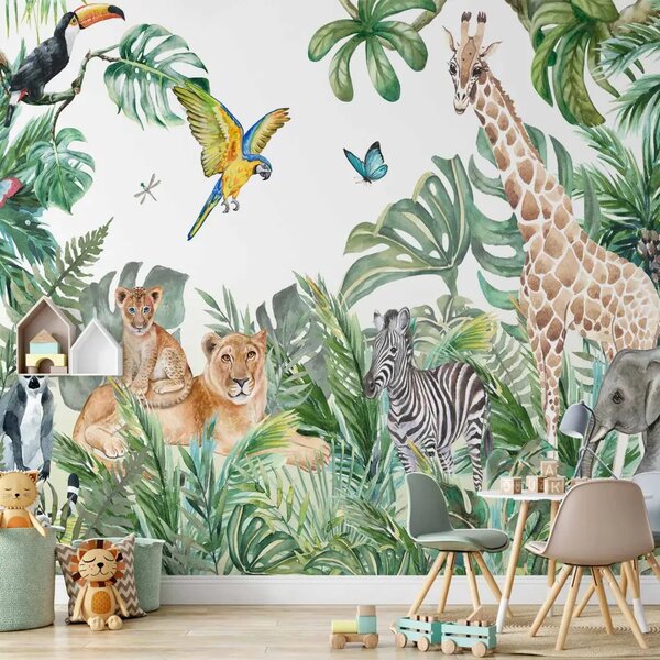 Carta da parati moderna Avventura tropicale - illustrazione di una giungla con animali esotici