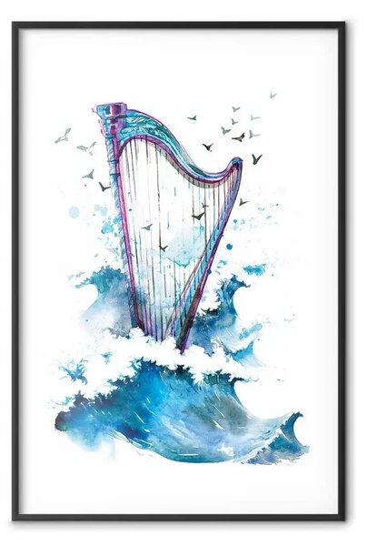 Poster: Musica dell'oceano - illustrazione con arpa e uccelli in riva al mare