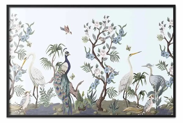 Poster: Giardino esotico - illustrazione ricca di uccelli e piante colorate