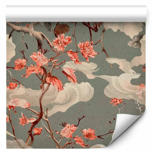 Tappezzerie Gru e fiori - elegante composizione con uccelli e ramoscelli