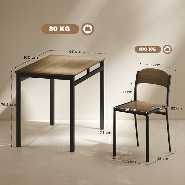 HOMCOM Set da Pranzo da 5 Pezzi con 1 Tavolo Rettangolare 100x63x76.5 cm e 4 Sedie 45x40x82 cm, in Acciaio e MDF, Nero e Rovere