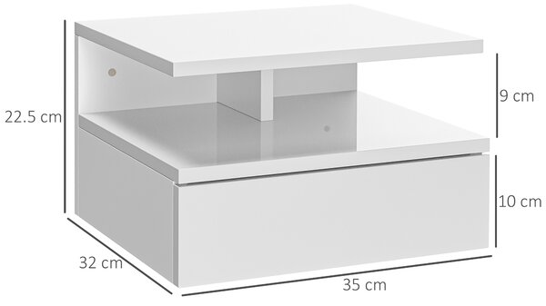 HOMCOM Set da 2 Comodini Moderni Sospesi con Cassetto e Mensola in Legno 35x32x22.5cm, Bianco Lucido|Aosom