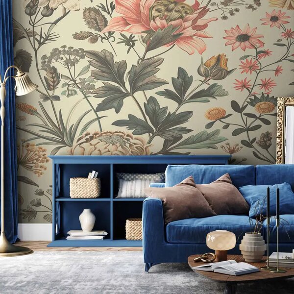 Carta da parati Eleganza botanica - fiori e foglie su sfondo chiaro