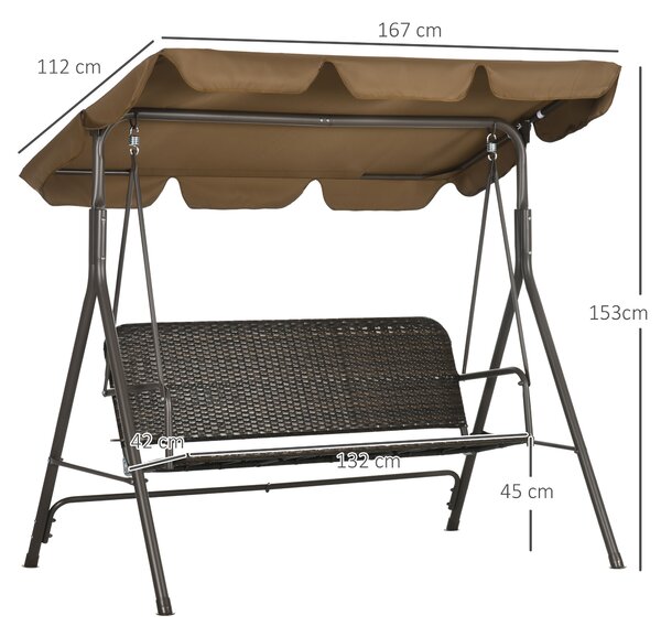 Outsunny Dondolo da Giardino 3 Posti con Tettuccio Regolabile Dondolo da Esterno in Rattan PE e Acciaio, 167x112x153cm|Aosom