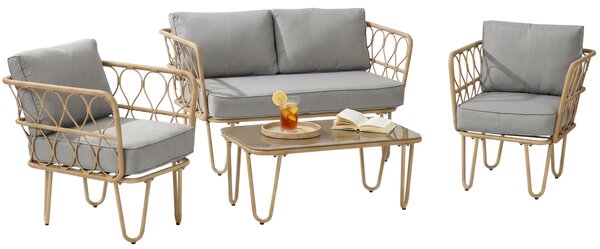 Outsunny Salotto da Giardino Rattan 4 Pezzi con Divano 2 Posti, 2 Poltrone e Tavolino con Piano in Vetro, Cuscini Sfoderabili e Lavabili, Giallo|Aosom