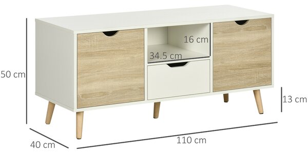 HOMCOM Mobile TV Moderno max 55" con Cassetti e Ripiani, Armadietti e 5 Gambe in Legno, 110x40x50 cm, Bianco e Colore Legno|Aosom