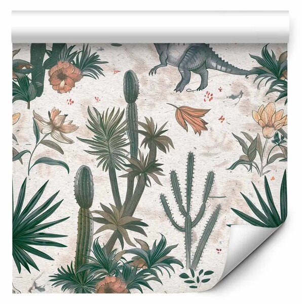 Tappezzerie Dinosauri e cactus - illustrazione di creature preistoriche