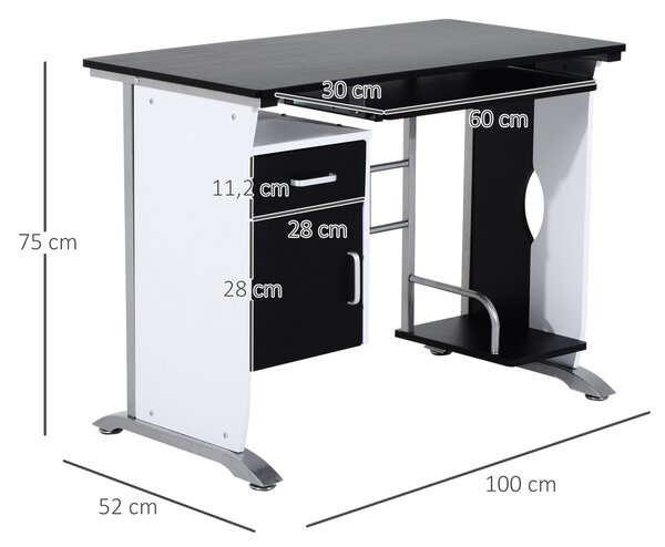 HOMCOM Scrivania per Computer con Ripiano, Cassetto e Armadietto, in MDF e Ferro, 100x52x75 cm, Bianca e Nera