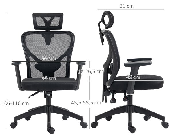 Vinsetto Sedia da Ufficio Ergonomica con Altezza Regolabile, Supporto Lombare e Poggiatesta, 66x61x106-116cm Nero|Aosom