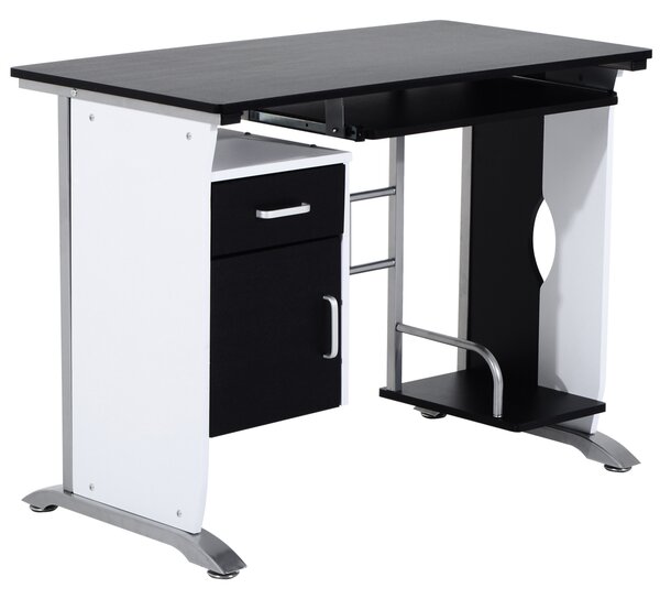 HOMCOM Scrivania per Computer con Ripiano, Cassetto e Armadietto, in MDF e Ferro, 100x52x75 cm, Bianca e Nera