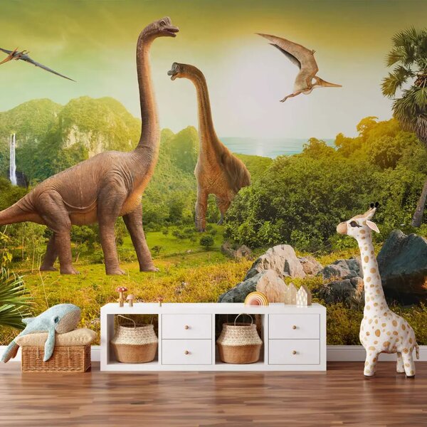 Carta da parati moderna Il Giurassico in un modo nuovo - paesaggio con dinosauri