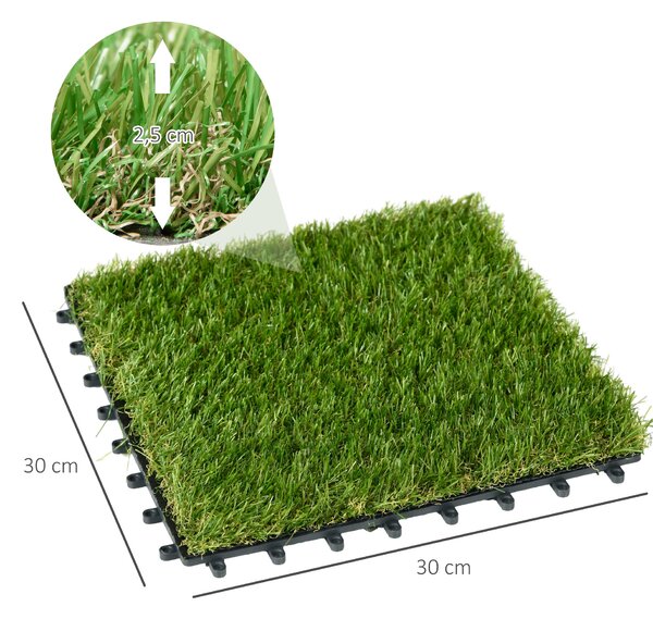Outsunny Piastrelle da Giardino con Erba Sintetica 30x30cm 10 Pezzi, Prato Artificiale Densità 6500, Verde