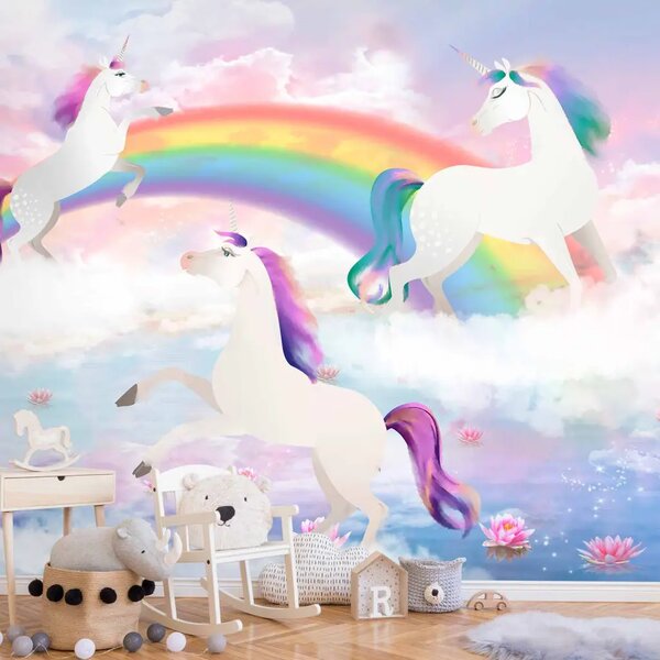 Carta da parati Terra dell'arcobaleno - Unicorni tra le nuvole