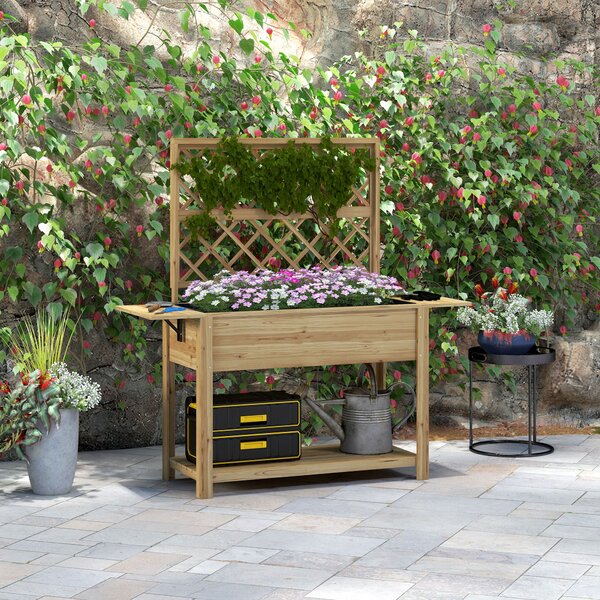 Outsunny Fioriera con Grigliato e Ripiani Laterali e Inferiore, in Legno di Abete, 140x45x151 cm|Aosom