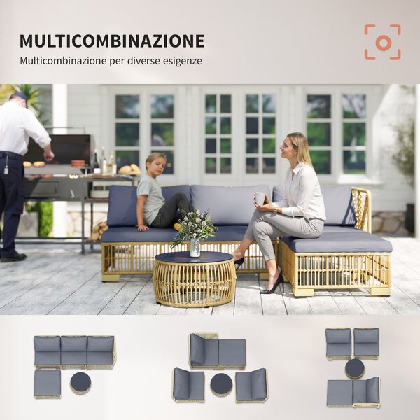 Outsunny Set Salotto in Rattan da Giardino con Divano Modulabile, Cuscini e Tavolino da Caffè, Grigio
