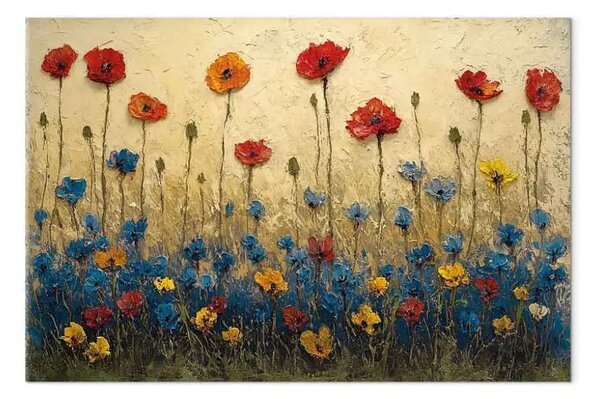 Quadro su tela Papaveri e fiordalisi - fiori rossi, blu e gialli in un campo